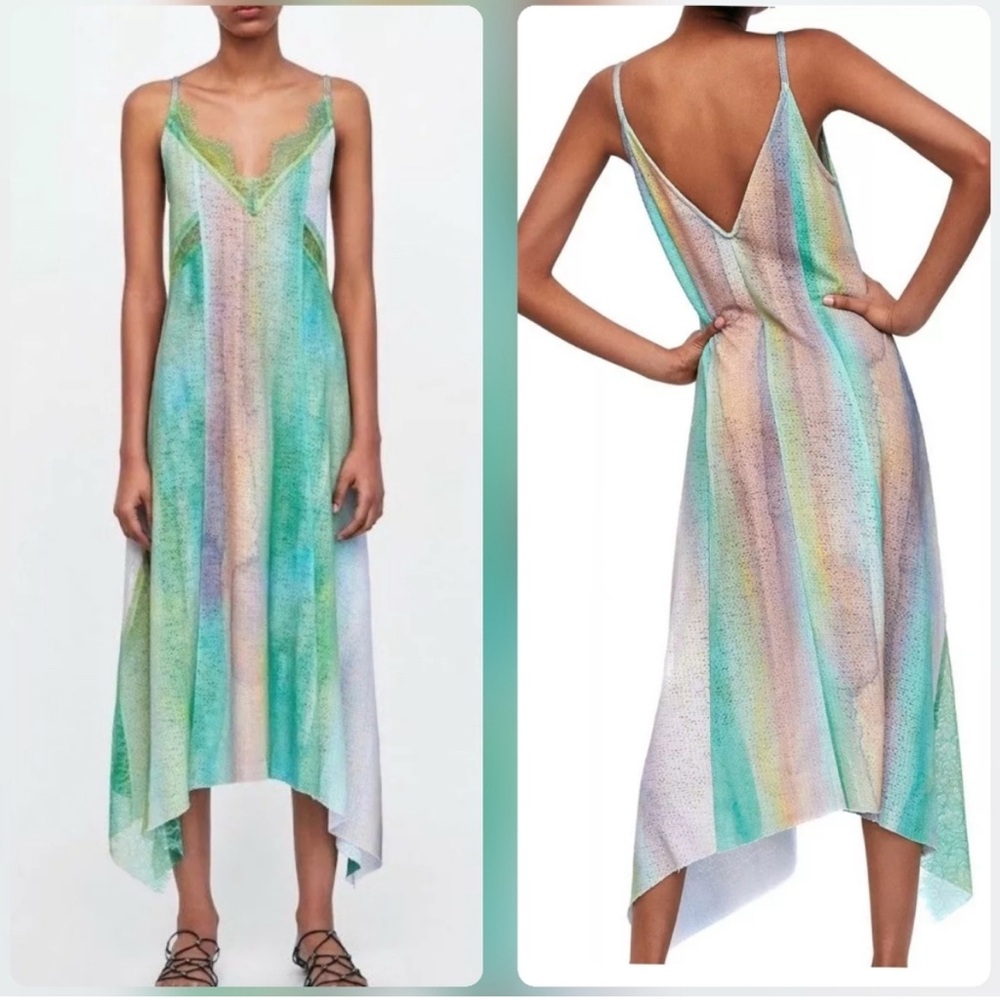 Zara Long Strappy Sea Green Lace Trimmed Dress